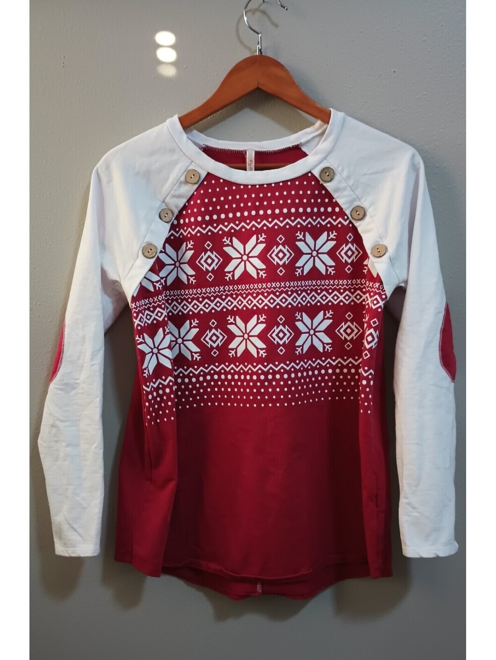 My Story Women's M Shirt Snowflake Scandinavian Wooden Buttons Elbow Patches